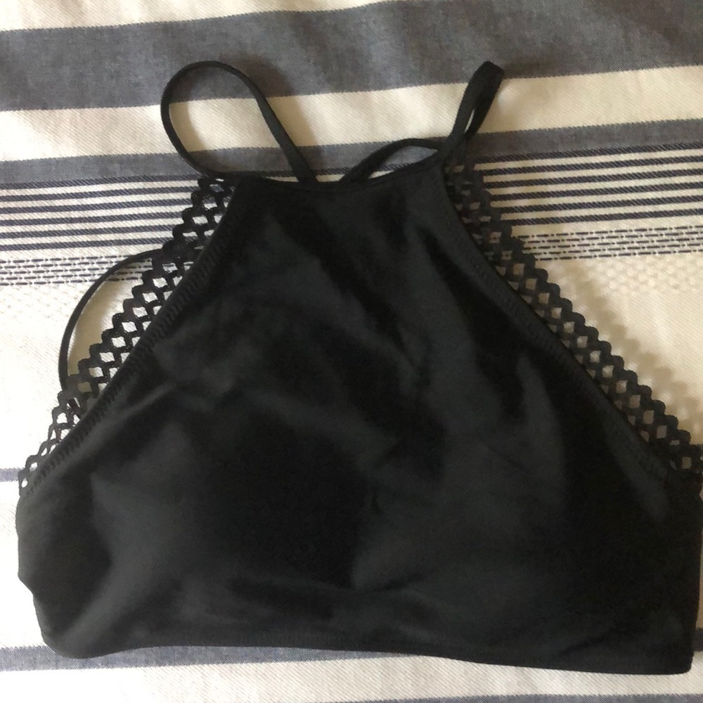 Aerie Lace Trim High Neck Black Bikini Top